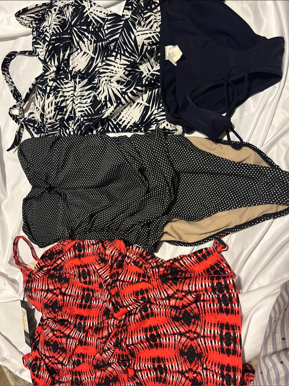 Beach Scene red Tankini, Gap Body polka dot one piece and Gap black & white 2 pi